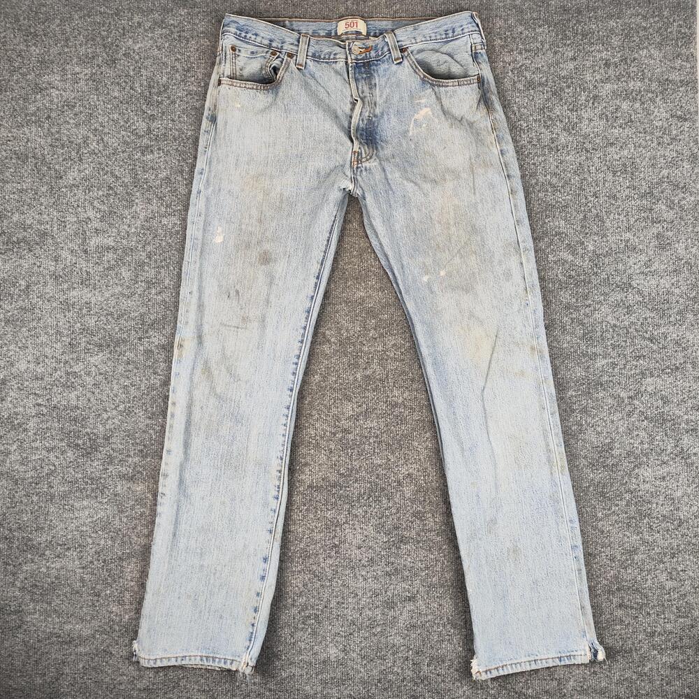 Levis 501 Jeans Mens 36x34 Light Wash Blue Regular Straight Distressed Denim